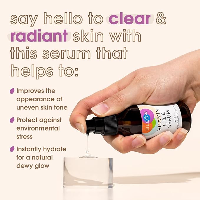 GLEOW Vitamin C Face Serum, Hydrating Vitamin C Serum for Face with Hyaluronic Acid, Suitable For All Skin Types, Targets the Appearance of Dull Spots 2oz