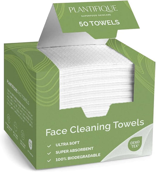 PLANTIFIQUE Disposable Face Towels XL 10"x12" - 100% Biodegradable Viscose Facial Towelettes for Women Skin Care - Face Cleaning Towel 50 Count