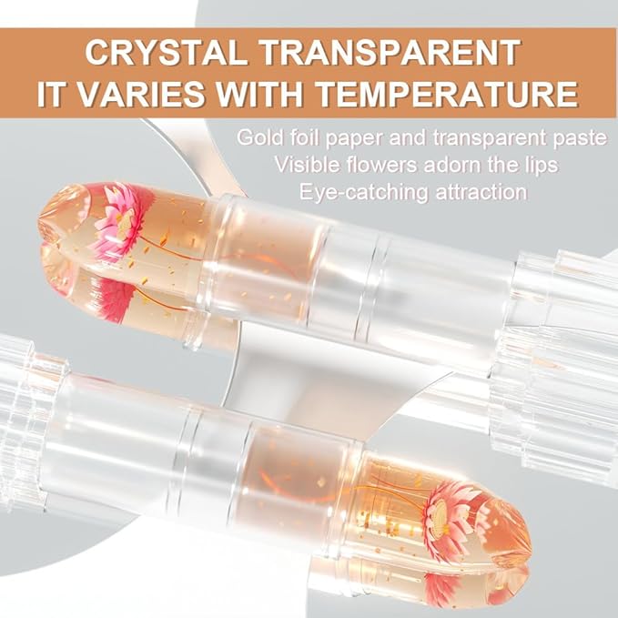 BINGBRUSH Crystal Flower Jelly Color Changing Lipstick,Long Lasting Lip Care Moisturizer Lip Balm Magic Color Change Lip Gloss Lip Tint Stain Matte Makeup Lipstick (02#Rose red flower)