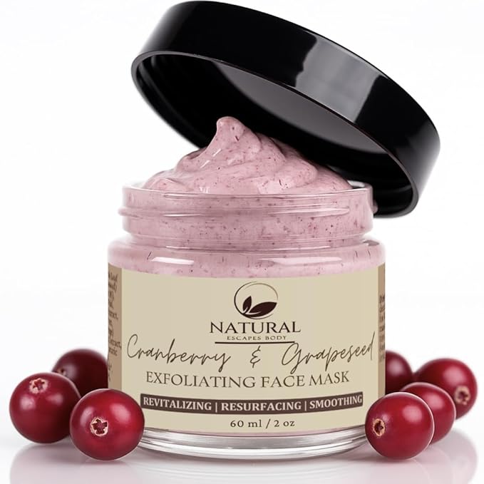 Natural Escapes Cranberry & Grapeseed AHA Exfoliating Clay Face Mask | Hydrating, Resurfacing, Anti-Aging Facial Masque for Fine Lines, Pores & Elasticity