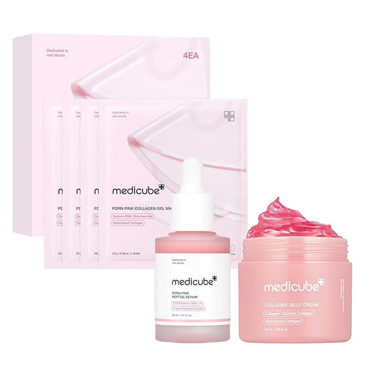 medicube Pink Glass Glow Skin Trio: Salmon DNA PDRN pink collagen jelly gel mask (4ea) and PDRN Pink Peptide Serum, glow serum and Collagen Jelly Cream 50ml