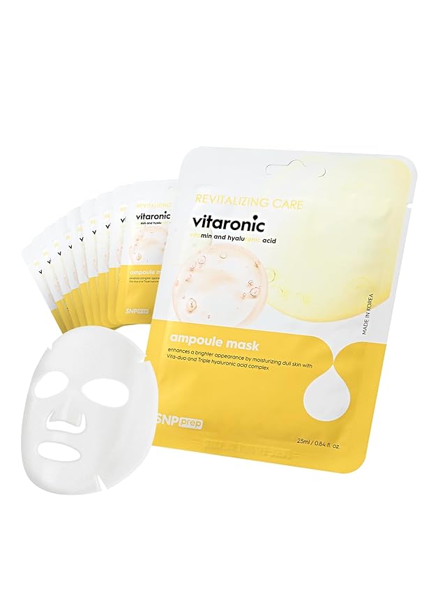 SNP Vitaronic Ampoule Sheet Mask | Nourishing, Moisturizing, and Refreshing for All Skin Types with Vitamin B, C, D, and E | Face Masks Skincare | Korean Skin Care Facial Mask | 10 Sheets