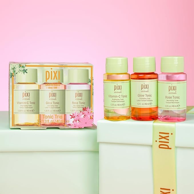 Pixi Beauty Tonic Trio | Holiday Edition Gift Set with 3 Pixi Favorite Tonics | Glow Tonic, Vitamin- C Tonic, Rose Tonic | Calming, Hydrating, Gentle Exfoliating and Smoothing