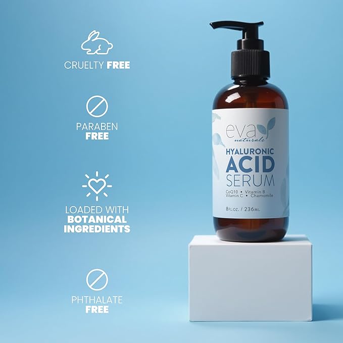 Eva Naturals Anti-Aging Hyaluronic Acid Serum For Face - Professional & Potent Hydrating Anti-Wrinkle Formula For Fine Line & Uneven Skin Tone - Contains Vitamin C, B, & E, Paraben Free (8 Oz)