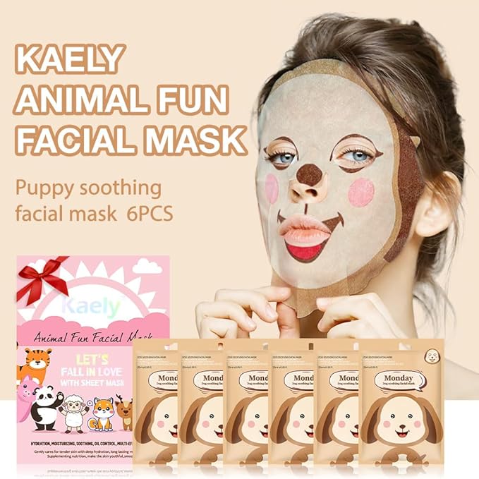 Kaely 6 Pack Animal Character Sheet Masks, Face Masks for Kids Teens Skin Care, Korean Soothe Facial Mask for All Skin Types, Girls Night Skincare Spa Party, Birthday Gifts for Women Men, Set01
