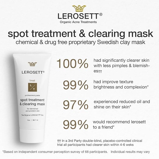 LEROSETT Facial Clay Mask for Acne, Oily Skin, Visibly Tightens Pores. Overnight Spot Treatment for Pimples, Blemishes, Cysts, Blackheads. 100% Natural, Spa-Grade, Made in Sweden Since 1987