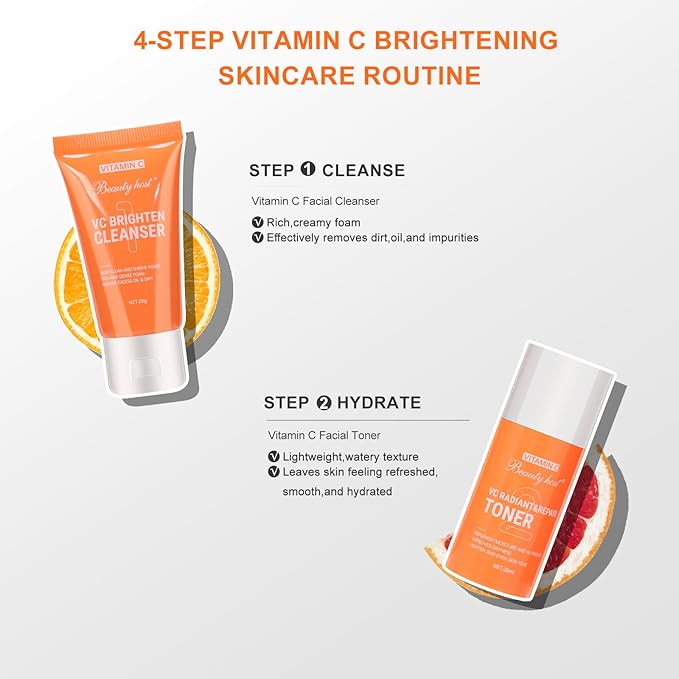 4 Pieces Vitamin C Facial Skin Care Set Gift Set Travel Size Kit,Skin Refreshing, Nourishing, Visibly Improve Tone, Enhance Radiance, Gift Set Travel Size Kit