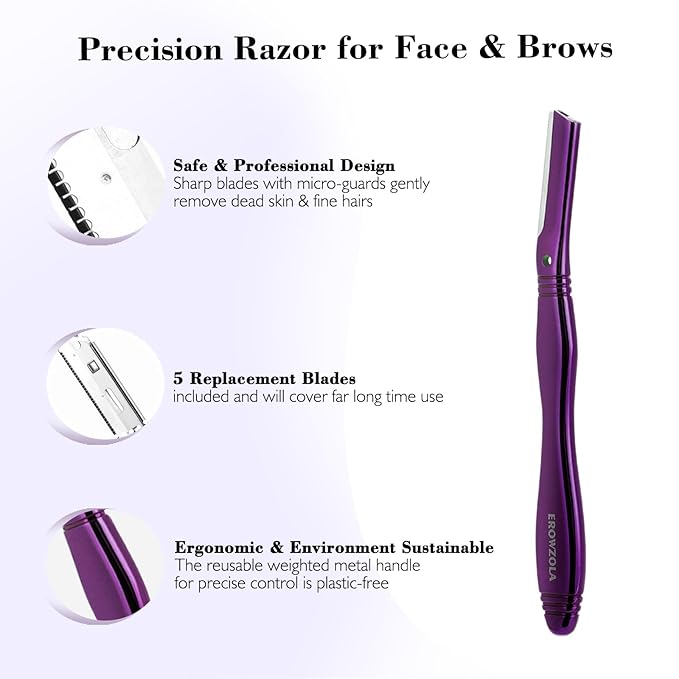 Eyebrow Razor for Women and Men, Face Razors for Women, Dermaplane Razor with Protective Silicone Cover, Reusable Metal Handle with 6 Refill Blades, Skin Care Tool - Purple