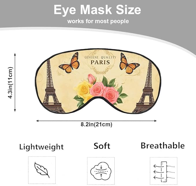 Eiffel Tower Eye Mask Sleeping Mask Vintage Paris Postcard Flower Butterfly Sleep Masks Silky Soft Eye Cover for Women Men Shading Blindfold for Air Travel Sleeping