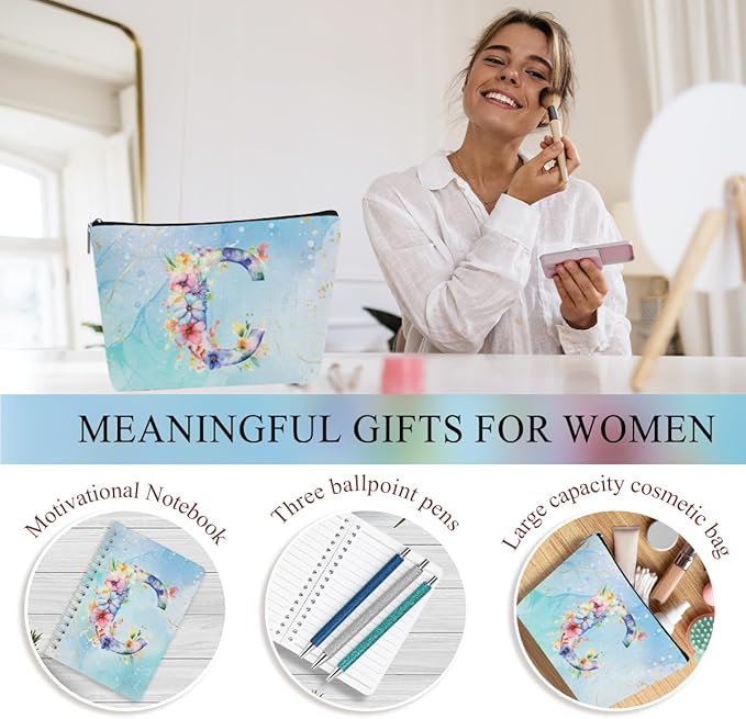 Personalized Gifts Monogrammed Birthday Gifts for Women, Cowerker Wife Sister Wedding Christmas Initial 20 oz Tumbler, Makeup Bag Cup Ballpoint Pens Journal Notebook 6 Set, (Aesthetic Blue Flower C)
