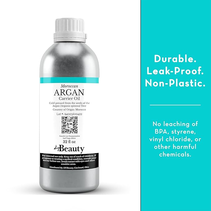 Bulk Argan Oil - 32 Fl Oz Large Size Bottle - Natural, Cold Pressed, 100 Percent Pure Argan Oil for Homemade Hair, Face and Skin Products - Light Aceite de Argan Carrier Oil