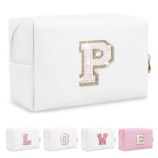 Small Initial Patch Makeup Bag Personalized Gifts Make Up Bag,White Cute PU Leather Glitter Letter Cosmetic Bag with Zipper,Trendy Portable Travel Toiletry Pouch,Preppy Stuff for Teen Girls Women P