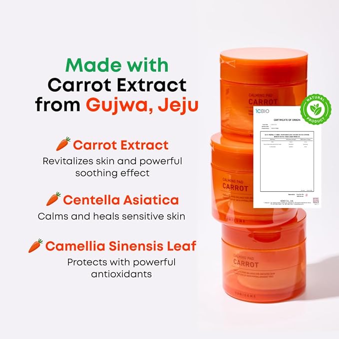 Carrot Calming Toner Pads – Korean Toner Pads with Centella Asiatica, Redness Reducing Skin Care, Pore Minimizer, Soothing & Hydrating with Jeju Carrot Extract, 100% 7 Layer Cotton 40 Pad