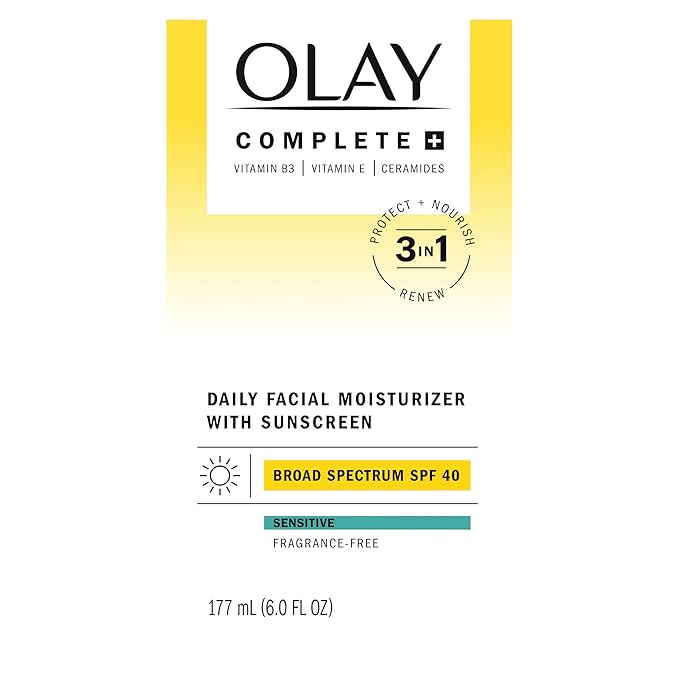 Olay Complete+ Face Moisturizer with Sunscreen SPF 40, For Sensitive Skin, Broad Spectrum Sun Protection, Fragrence-Free - No White Cast on All Tones, Nourishes Moisture Barrier - Ceramides, 6 Oz