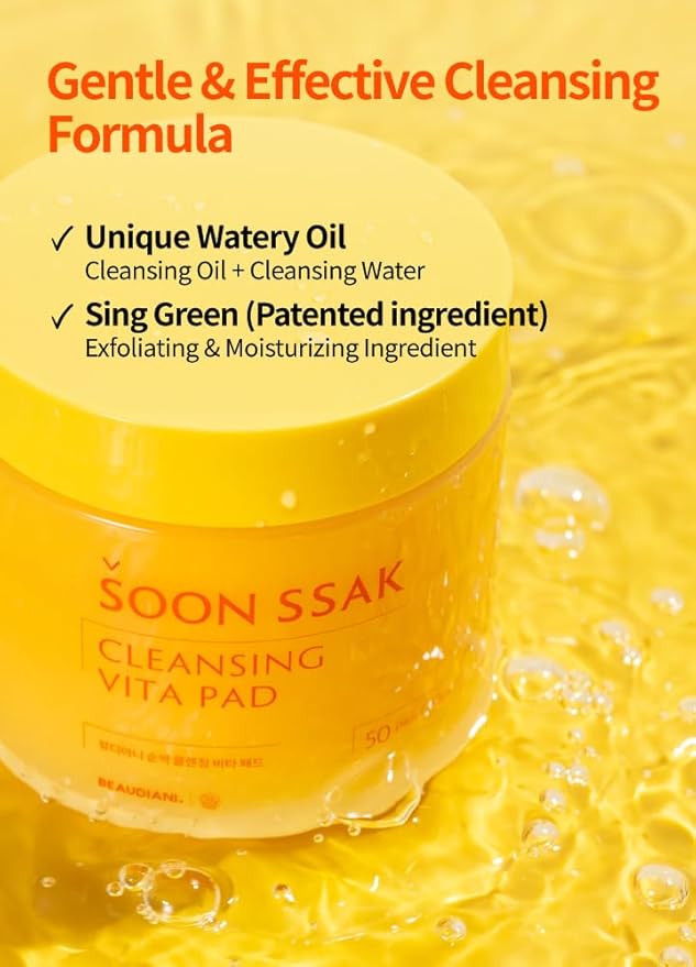 BEAUDIANI Soonssak Vitamin C Cleansing Pads, 50 Count – One-Swipe Makeup Remover, Low-pH 5.3, Embossed Exfoliating Wipes, Hydrating Lyocell, No-Rinse, Sensitive Skin, Korean Skincare
