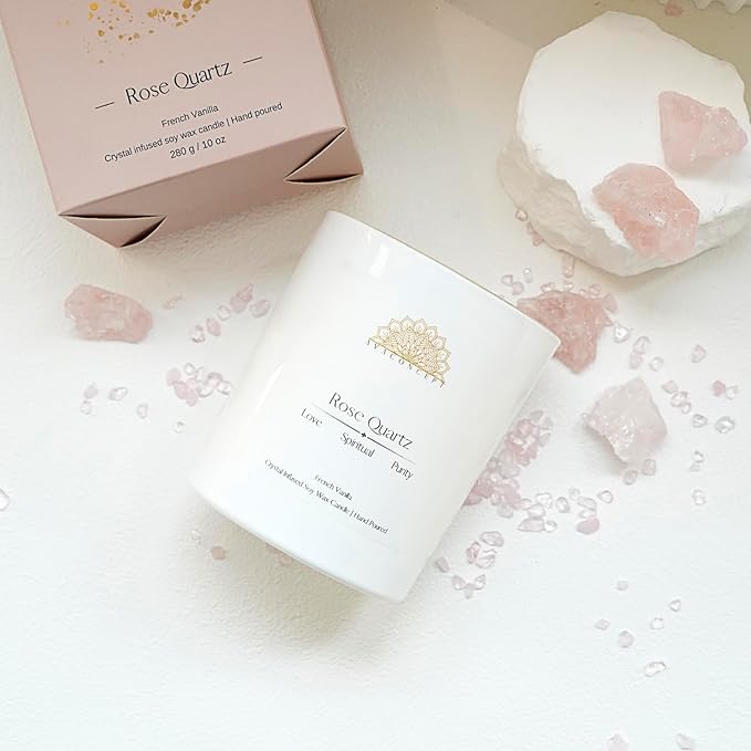 Healing Crystal Candle, French Vanilla Scented Rose Quartz Candle in 10 oz Jar - Natural Crystal for Love and Healing - Elegant Home Decor and Gift Idea