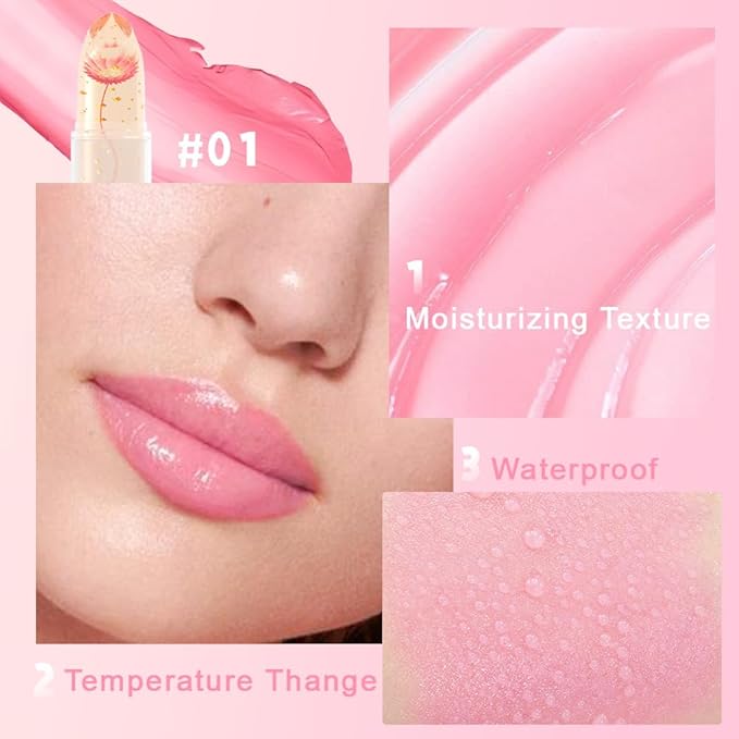 BINGBRUSH Crystal Flower Jelly Color Changing Lipstick,Long Lasting Lip Care Moisturizer Lip Balm Magic Color Change Lip Gloss Lip Tint Stain Matte Makeup Lipstick (01#Pink flower)