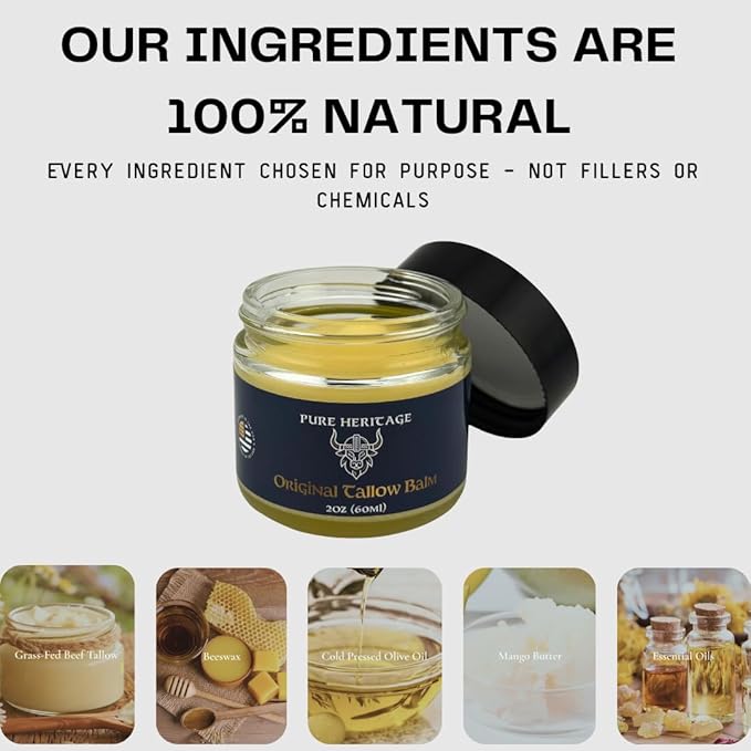 Pure Heritage Handmade Tallow Balm – Grass-Fed & Finished Moisturizer & Healing Cream with Frankincense & Cedarwood | Natural Care for Sensitive Skin, Eczema, Rosacea, Babies, Men & Women (2oz)