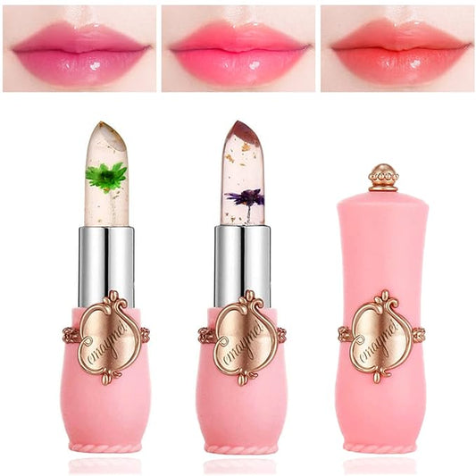 2 Pack Crystal Jelly Flower Lipstick,Magic Temperature Color Change Lip Gloss Lip Stick PH Clear Magic Lipstick Long Lasting Nutritious Moisturizing Lip Balm（Set C）