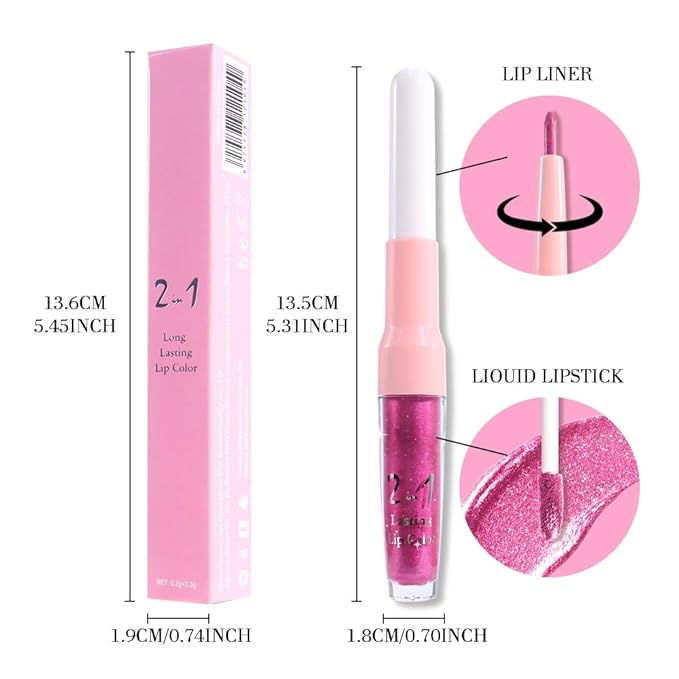 evpct Rose Metallic Glitter Lip Liner and Lipstick Combo Lip Gloss Stain Set Makeup for Women Long Lasting Waterproof 24, Metal Barbie Frosted Metallic Shimmer Glossy Iridescent Liquid Lipstick 15