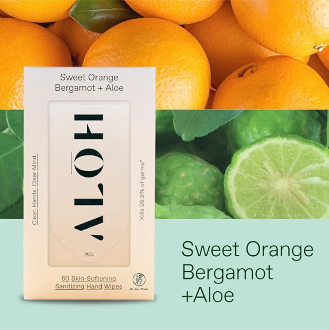 ALŌH Sweet Orange Bergamot + Aloe Sanitizing Hand Wipes - Clean Hands, Clear Mind - On The Go Hand Sanitizing Wipes for Kids and Adults - Travel Size 3 Pack 20ct Wipes (60 wipes)