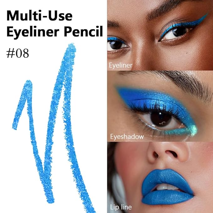 evpct Blue Glitter Eyeliner Pencil for Eyes, Dark Sea Blue Metallic Shimmer Eye Liner Pencil Makeup Waterproof Smudge Proof, Colored Gel Waterline Eyeliner, Face Eye Paint Stick Halloween Makeup 08
