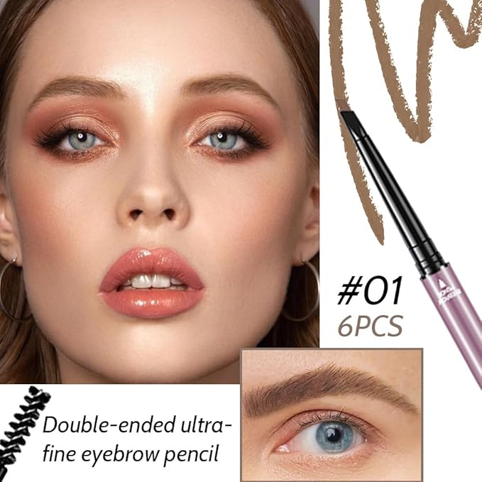 6 Pcs Dark Brown Eyebrow Pencils for Women,with Spoolie Brush,Eyebrow Pencil Soft Textured,Waterproof Sweat-proof for Fills in Sparse Areas and Gaps Create a Natural Eye Brow,Vegan & Cruelty-Free