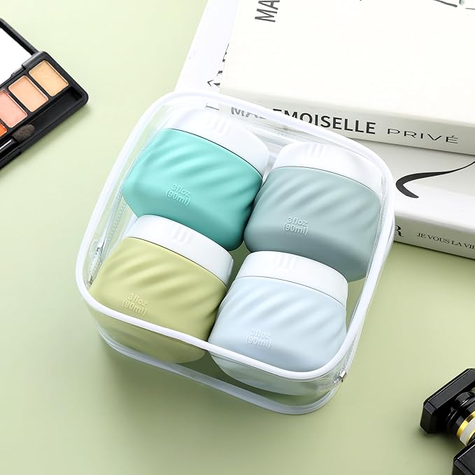 Gemice Silicone Cream Jars TSA Approved Travel Size Containers with Toiletry Bag, Wide Mouth Leak-proof Travel Accessories with Lid for Cosmetic Cream (4 Pack)