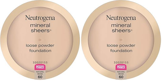 Neutrogena Mineral Sheers Lightweight Loose Powder Makeup Foundation with Vitamins A, C, & E, Sheer to Medium Buildable Coverage, Skin Tone Enhancer, Face Redness Reducer, Natural Beige 60,.19 oz