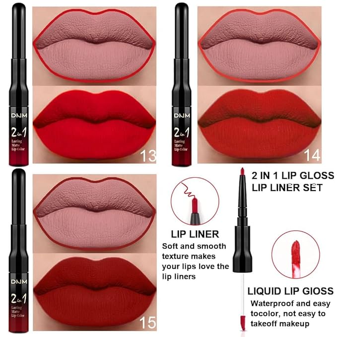 3Pcs 2 in 1 Ruby Bright Dark Red Lip Liner and Liquid Lipstick Stain Makeup Set for women, Long Lasting Smudge Proof Lip Tint Matte Finish Lip Gloss for All-Day Color Hold Easy to Use, Set05