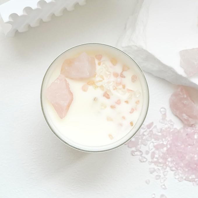 Healing Crystal Candle, French Vanilla Scented Rose Quartz Candle in 10 oz Jar - Natural Crystal for Love and Healing - Elegant Home Decor and Gift Idea