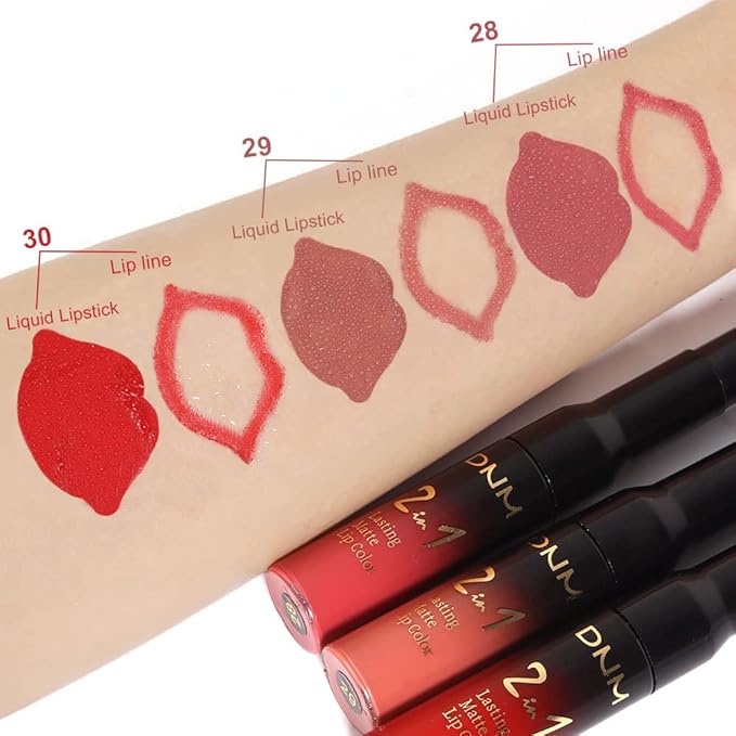 3Pcs 2 in 1 Mauve Neutral Light Rosey Nude Blue Red Lip Liner and Liquid Lipstick Stain Makeup Set for women, Long Lasting Smudge Proof Lip Tint Matte Finish Lip Gloss for All-Day Color Hold, Set10