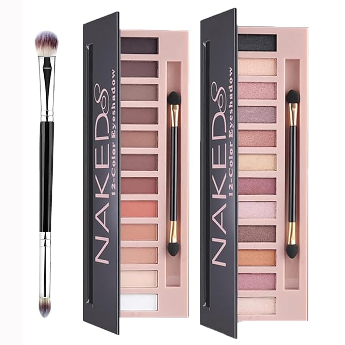 12 Colors Makeup Eyeshadow Palette*2 Pack, Natural Nude Matte & Shimmer Eye Shadow Palette and eyeshadow brush Set,Waterproof Smokey Professional Cosmetic Beauty Kit