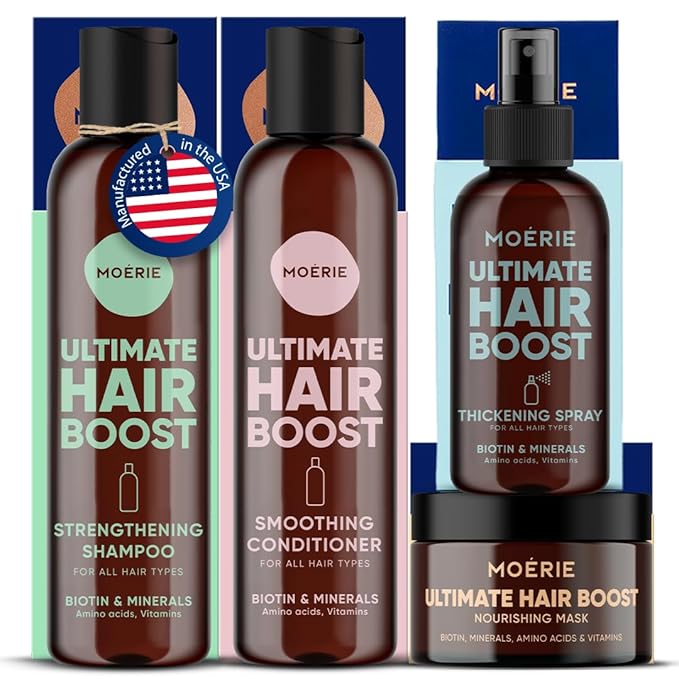 Moerie Shampoo and Conditioner Plus Hair Mask and Spray Mega Pack – The Ultimate Growth Care – For Longer, Thicker, Fuller Hair - Volumizing Products – Paraben & Silicone Free - 4 items
