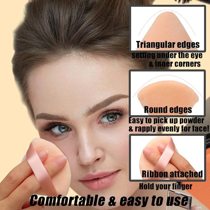 Ocim 10Pcs Triangle Powder Puffs for Face Powder,Soft Velour Triangular Beauty Puff,Makeup Pressed,Baking & Setting Powder Sponge Applicator Pads with Case,Black&Nude