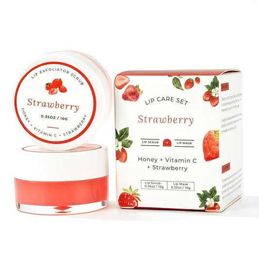 Lip Mask & Scrub Set(Strawberry + Honey + VC), Overnight Moisturizer for Cracked & Dry Lips Care, Hydrating Plumper Kit, Sugar Exfoliator Gift for Women