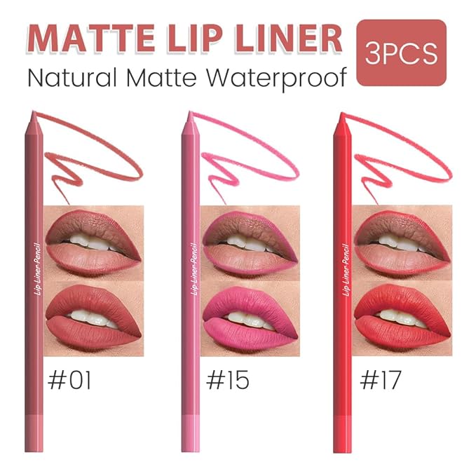 evpct 3Pcs Red Rose Deep Pink Vermilion Red Matte Long Lasting Wear Lip Liner Pencils Makeup Set for Shaping & Sculpting Lips, No Transfer Waterproof Lip Liner Crayon lipliners Lipstick Pencil 1+15+17