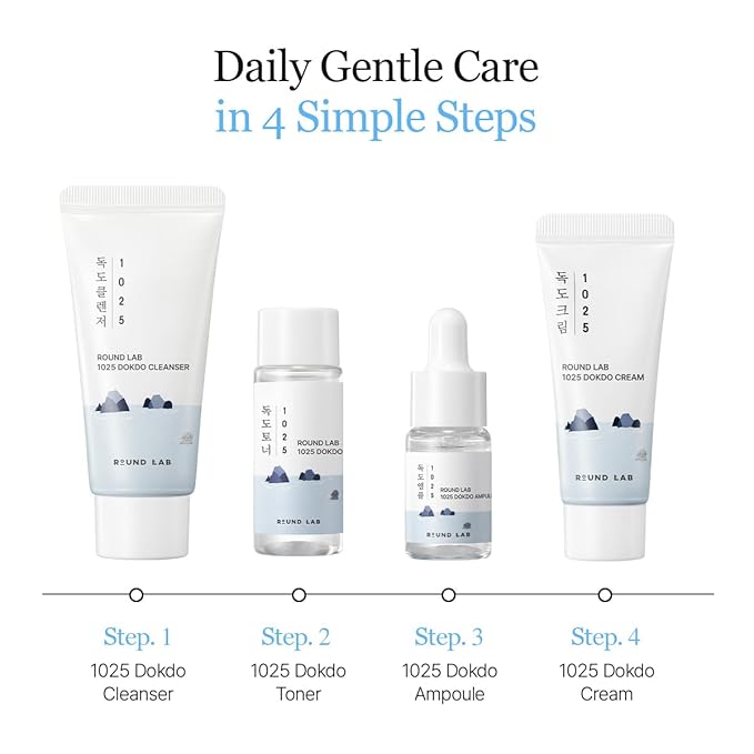 ROUND LAB 1025 Dokdo Hydrating Mini Size Kit (Cleanser, Toner, Serum, Cream) | Deep Hydration for Dry Skin | Gentle, Lightweight Routine for Daily Moisture & Soothing Care