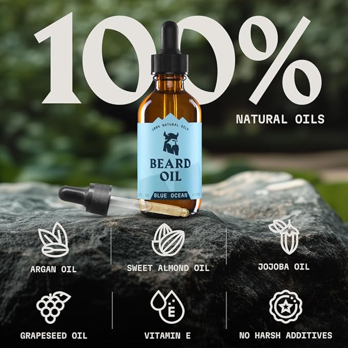 Striking Viking Beard Oil for Men - Naturally Derived Conditioner with Almond, Tea Tree, Argan & Jojoba Oil for Beard Growth, Softening & Moisturizing (2 Fl Oz (Pack of 1), Blue Ocean)