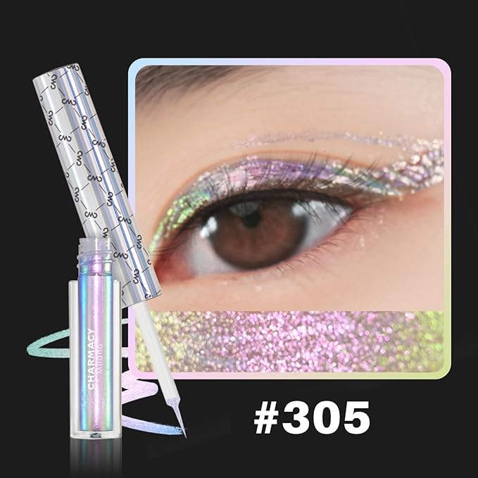 CHARMACY Chameleon Liquid Eyeliner, Liquid Glitter Eyeliner, Highly Pigmented, Metallic MultiColor Shifting waterproof Eyeliner, Ultra-Fine Tip, Longwearing, Smudge-proof (#305)