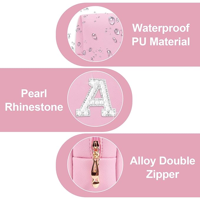 ChaoGreat Bride Gifts – Personalized Initial Makeup Bag with Pearl Rhinestone Patch, Preppy Pink Monogram Cosmetic/Toiletry Pouch, bridesmaid Gifts, Bridal Shower Gifts, Wedding Gifts, Bridal Gifts,A