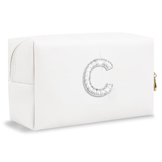 Bride Gifts – Personalized Initial Makeup Bag with Pearl Rhinestone Patch, Preppy White Monogram Cosmetic/Toiletry Pouch, bridesmaid Gifts, Bridal Shower Gifts, Wedding Gifts, Bridal Gifts,C