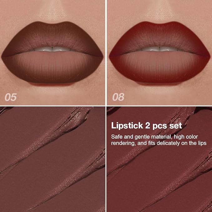 BINGBRUSH 2-in-1 Gradient Dark Brown Lip Liner Matte Lipstick, Longwear Waterproof Lip Pencil with Cone Tip, Crayon for Flawless Ombre Contour, Women's Long Lasting Makeup Set(05#&08)