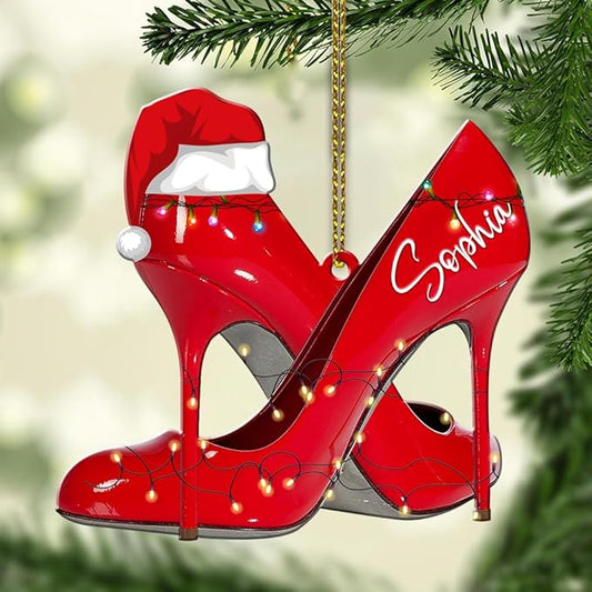 Personalized Name Red Shoes Christmas Shape Flat Ornament, Red High Heel Shoe Xmas Ornament, Shoe Lover Hanging Tree Keepsake, 95