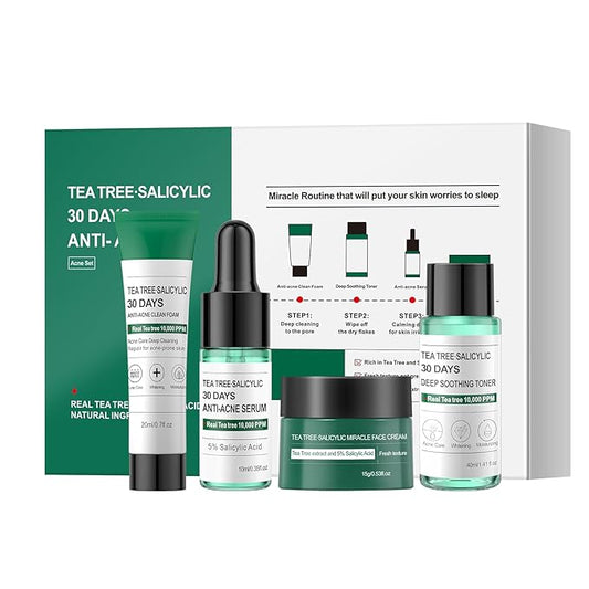 Tea Tree Salicylic Acid Facial Skin Care Set, Travel Size Gift Set Cystic Hormonal Acne Treatment Face Wash Cleanser, Facial Toner Cream Moisturizer Travel Essentials for Pimple Adult Oil Control Kit