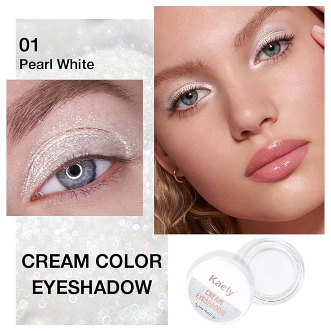 evpct Single Cream Eye Shadow Palette Pot Makeup for Older Women, Pearl White Sparkle Shimmer Glitter Metallic Monochrome Cream to Powder Eyeshadow Palette Eye Brightener, High Pigment Waterproof