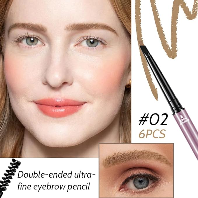 6 Pcs Brown Eyebrow Pencils for Women,with Spoolie Brush,Eyebrow Pencil Soft Textured,Waterproof Sweat-proof for Fills in Sparse Areas and Gaps Create a Natural Eye Brow,Vegan & Cruelty-Free