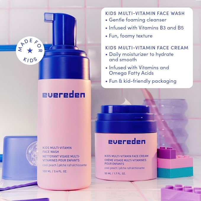 Evereden Happy Kids Skin & Lips Routine - Multi-Vitamin Face Wash & Face Cream Peach & Tinted Lip Oil Ruby Red Set - Clean & Vegan Skin Care for Kids 3+ - Moisturizing, Nourishing, & Protective