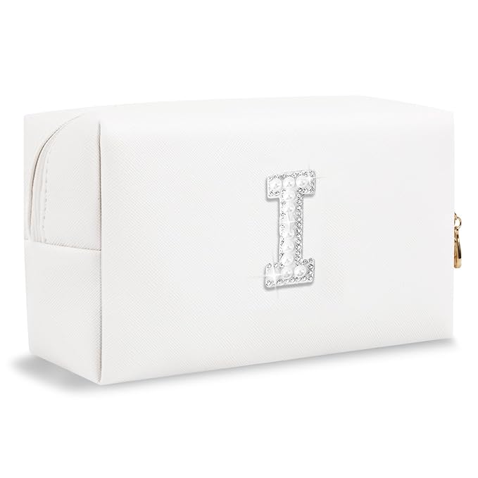 Bride Gifts – Personalized Initial Makeup Bag with Pearl Rhinestone Patch, Preppy White Monogram Cosmetic/Toiletry Pouch, bridesmaid Gifts, Bridal Shower Gifts, Wedding Gifts, Bridal Gifts,I