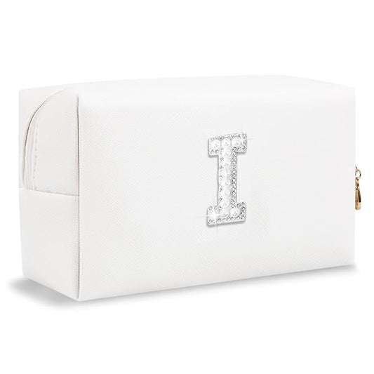 Bride Gifts – Personalized Initial Makeup Bag with Pearl Rhinestone Patch, Preppy White Monogram Cosmetic/Toiletry Pouch, bridesmaid Gifts, Bridal Shower Gifts, Wedding Gifts, Bridal Gifts,I